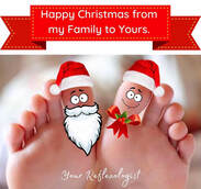 Picture of toes. Big toes are wearing Christmas hats, one is looking like Santa with a bears and moustache, the other like a smiling else. Banner message reads Happy Christmas from my family to yours. Signature reads your reflexologist