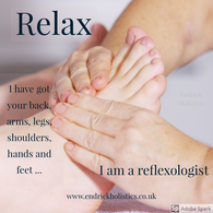 Picture of a foot held by 2 hands during a reflexology treatment. caption : RELAX. I have your back, arms, legs, shoulders, hands and feet... I am a reflexologist 