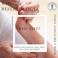 Picture of a person holding a foot, caption : why reflexology? Why not ? for world reflexology week in September 2022