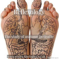 Picture of soles of feet where organs have been drawn in the location of the corresponding reflexes. Caption: Reflexology, the study of anatomy in braille