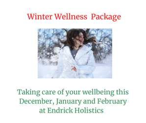 Picture of woman in snow, comfortable, well and cosy in a coat. Title : Winter Wellness Package, taking care of your wellbeing needs this December, January and February at Endrick Holistics